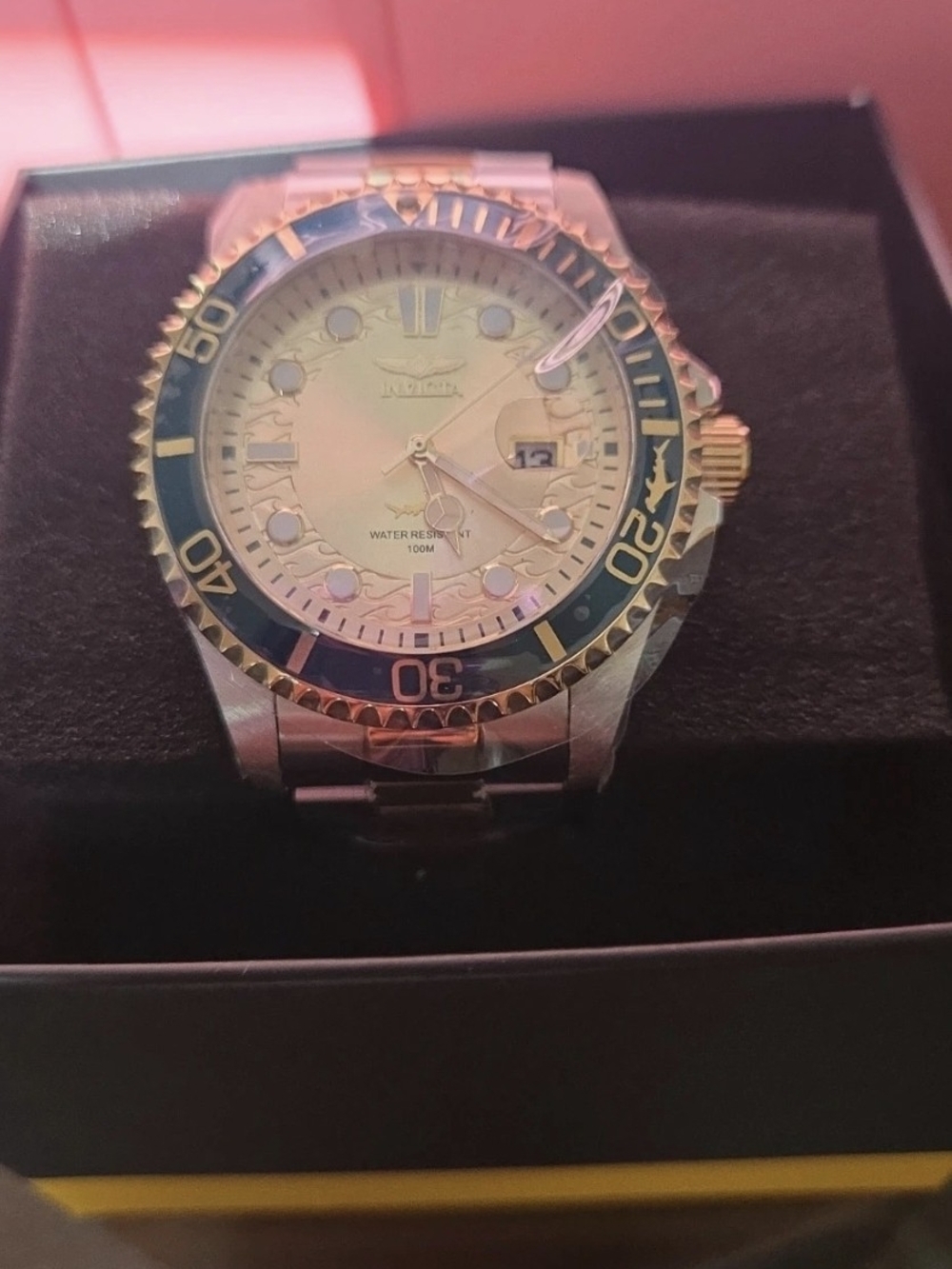 30022Invicta Pro Diver Current Wave 2-Tone Men's Watch Gold Dial Blue Bezel 43mm